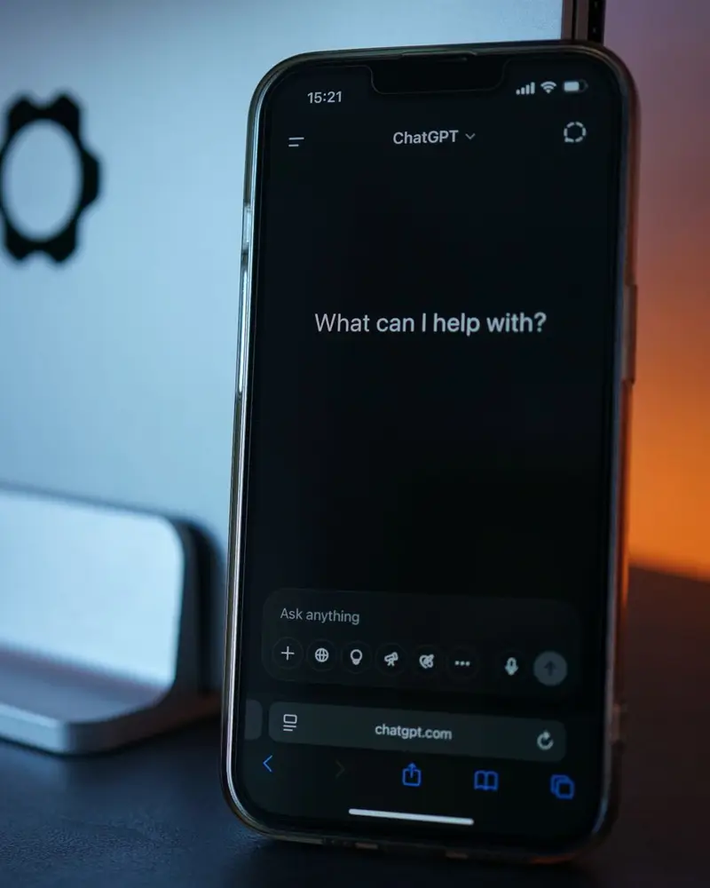 AI SEO agency work: a phone open on an AI assistant ready for a question